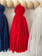 Load image into Gallery viewer, 4th of July Red, White and Blue Sparkly Yarn Tassel Garland