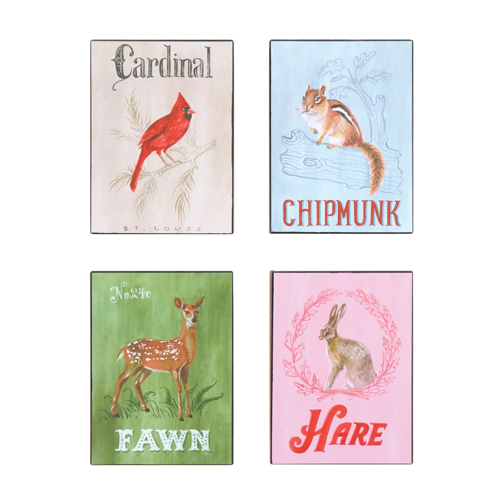 block wall decor with animals in four styles of cardinal, chipmunk, fawn and hare