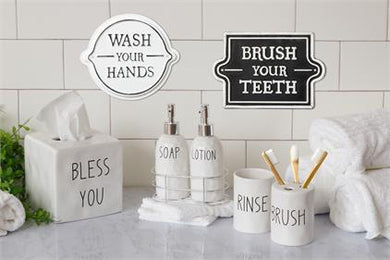 Wash Hands Brush Teeth Metal Bathroom Signs