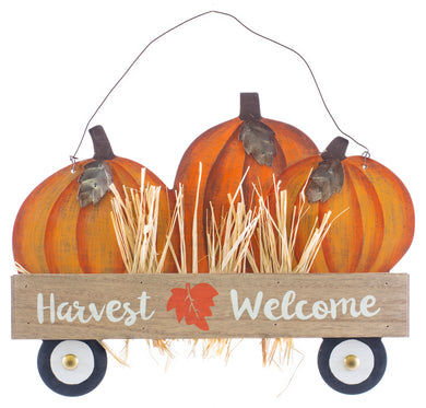 Harvest Welcome Wood Sign Wagon with Pumpkins